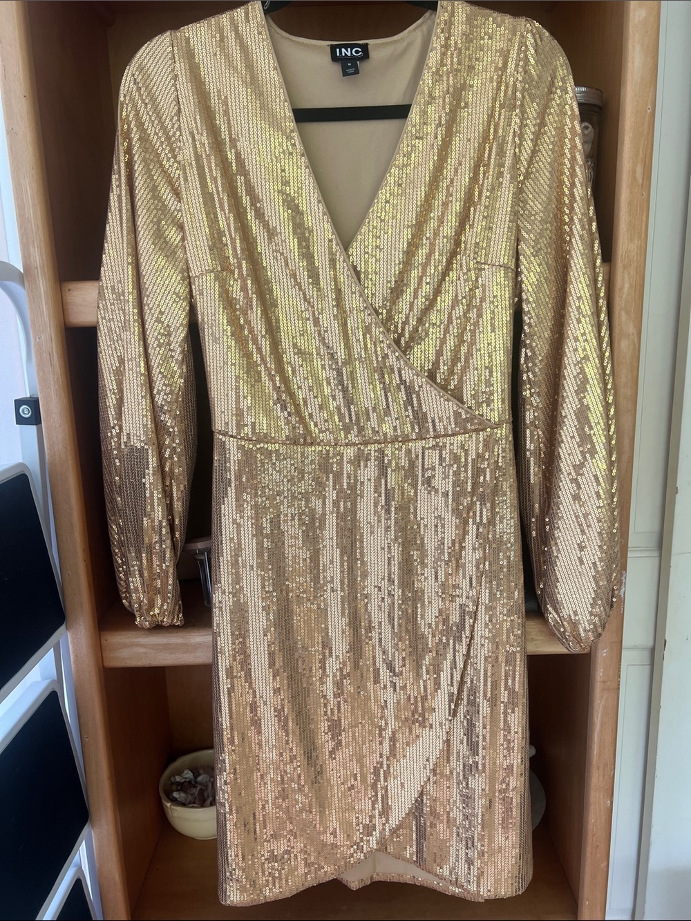 INC International Concepts Gold Sequin Wrap-Style Long Sleeve Dress
